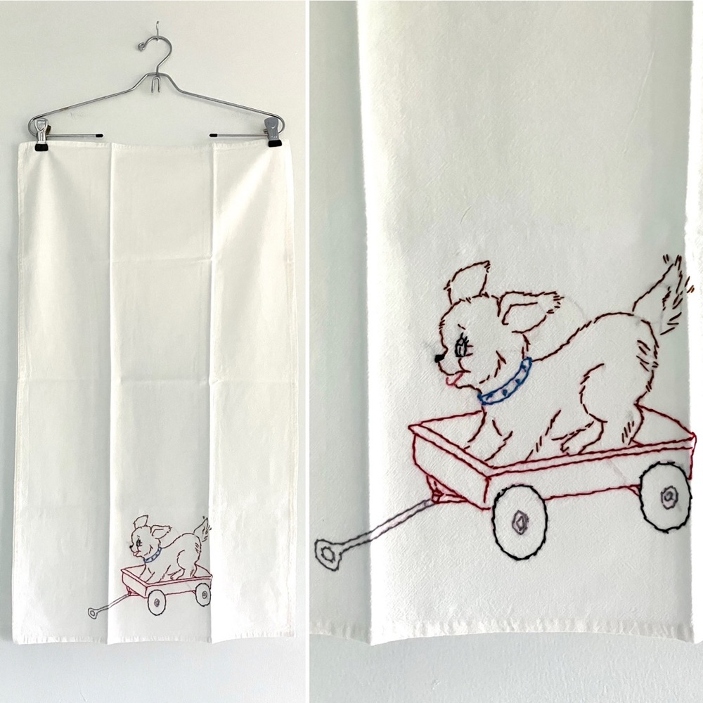 Vintage embroidered puppy dog in a red wagon white linen kitchen towel